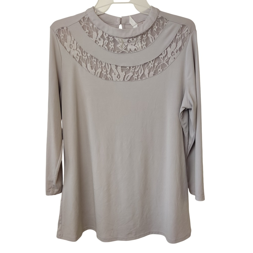 NY Collection Blouse Womens M Mauve Lace Yoke 3/4 Sleeve Mock Neck Keyhole Back